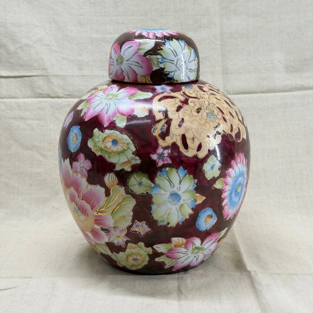 Vintage Floral Ginger Jar Oxblood Ceramic Lidded Vase Grandmillennial Decor